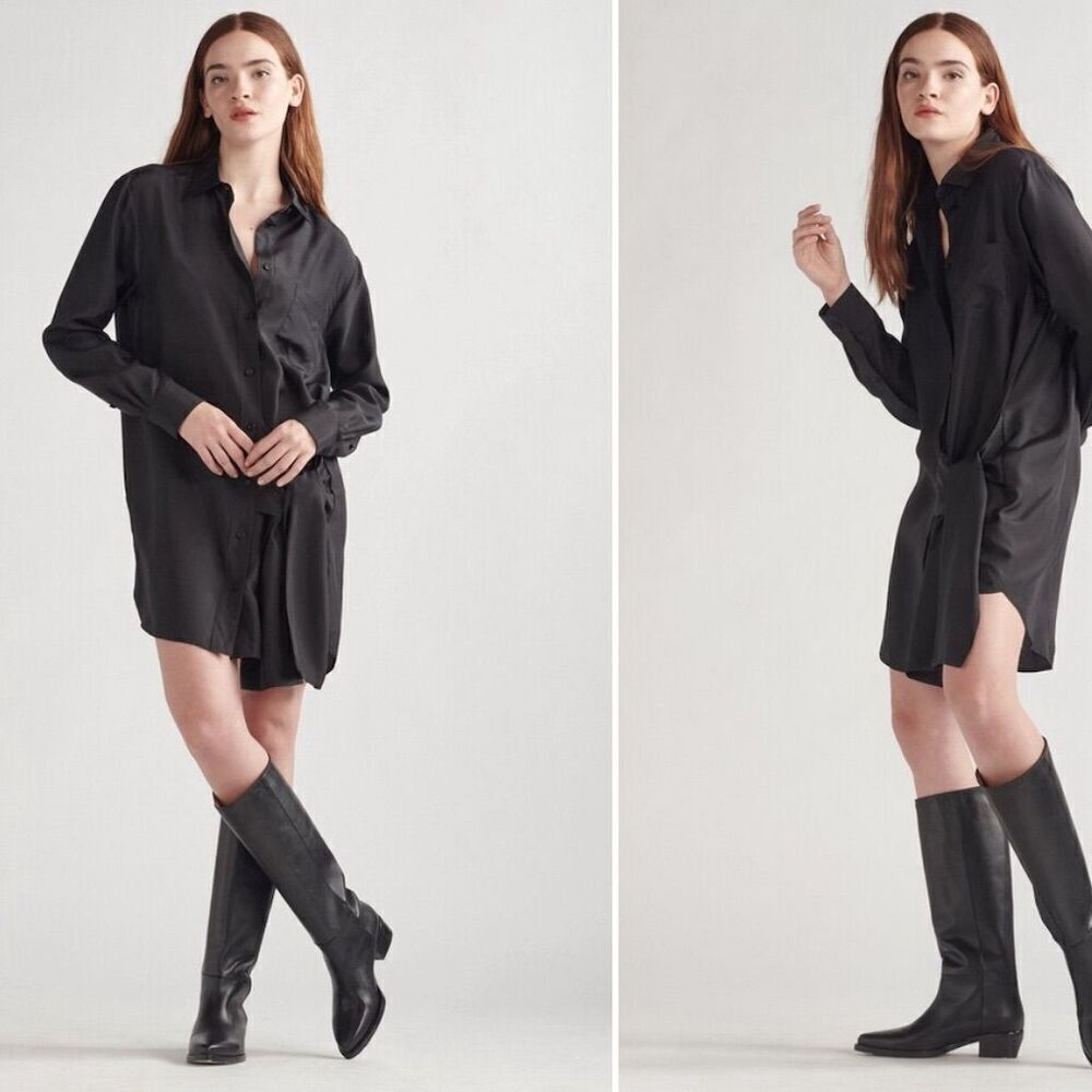 Thakoon Women's Black Silk Long Sleeve Shirt Dress Size XS Knee Length